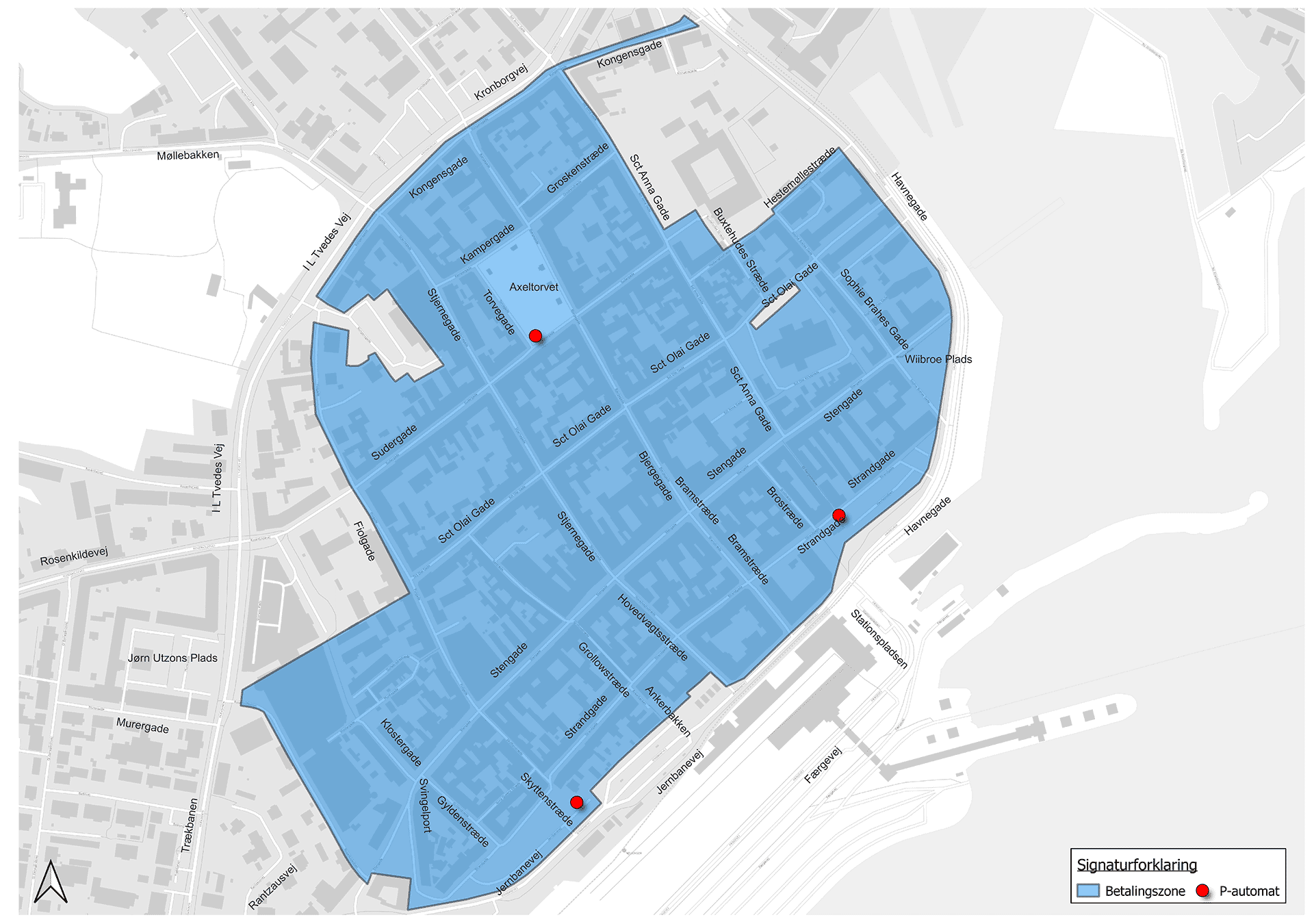 Kort over Helsingør By og parkeringsmuligheder